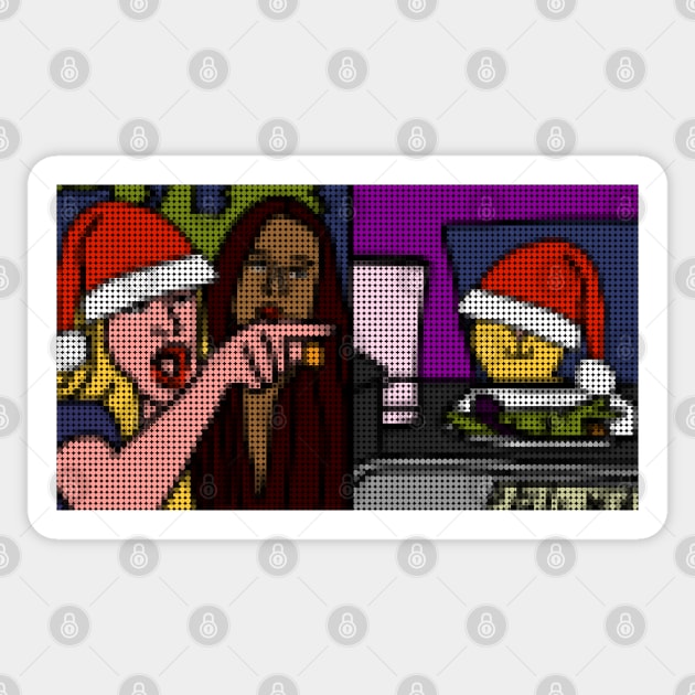 Woman Yelling at Cat in Dotty Santa Hat Sticker by ellenhenryart